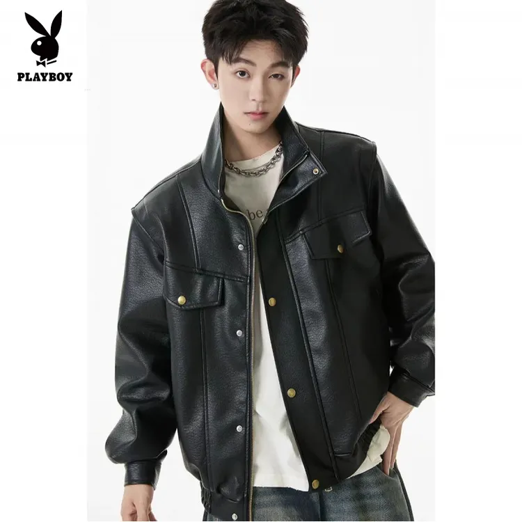 花花公子秋装新款翻领皮夹克外套潮男外套潮美式休闲工装