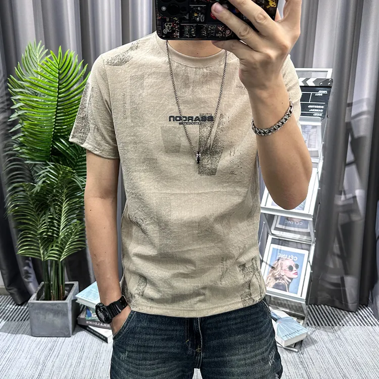 短袖T恤男士棉麻夏季新款潮牌大满花青年字母刺绣修身圆领薄t恤