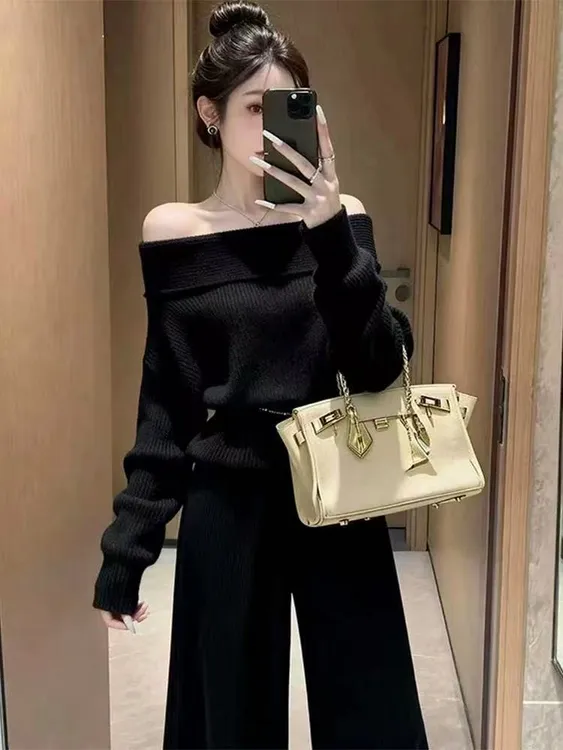 Z344轻熟法式风一字肩针织衫两件套女2025秋冬高级感显瘦黑色套装