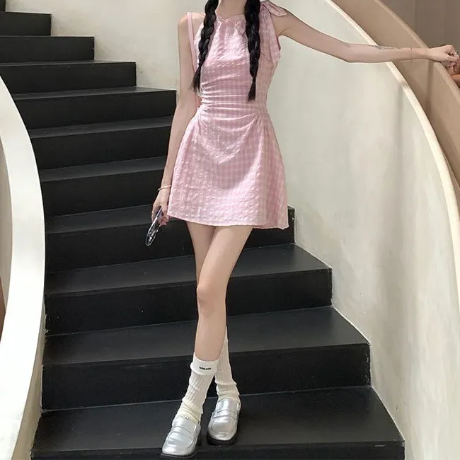 甜美少女夏季显瘦小个子短款小众纯欲小清新设计感格子连衣裙女20