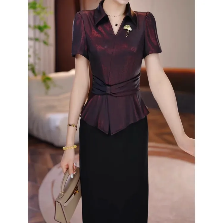 金喜气质轻奢假两件连衣裙2025夏季新款修身减龄优雅设计感中长裙