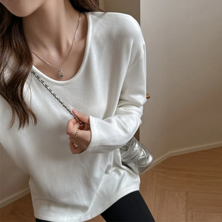 秋冬季德绒V领加绒磨毛长袖宽松打底t恤上衣可外穿百搭简约高级感