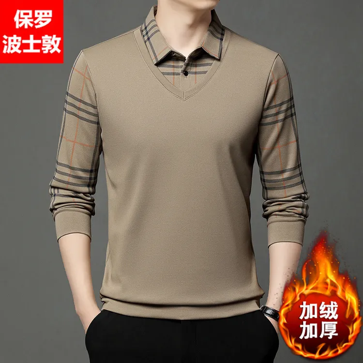 保罗加绒加厚假两件polo衫男士新款冬季保暖翻领商务长袖打底衫男