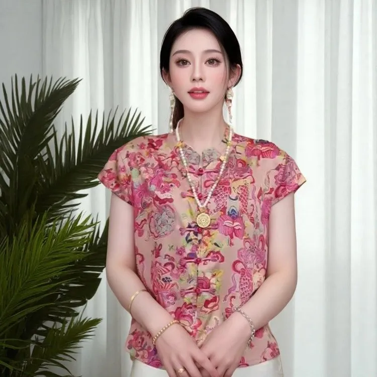 新中式2025新款中国风夏季衬衫印花盘扣气质衬衫上衣无袖短袖衬衣