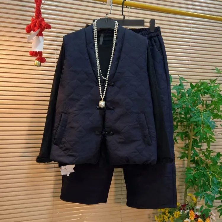 胖YY2025冬季新款新中式国风加棉套装复古提花马甲裤子拉毛打底衫