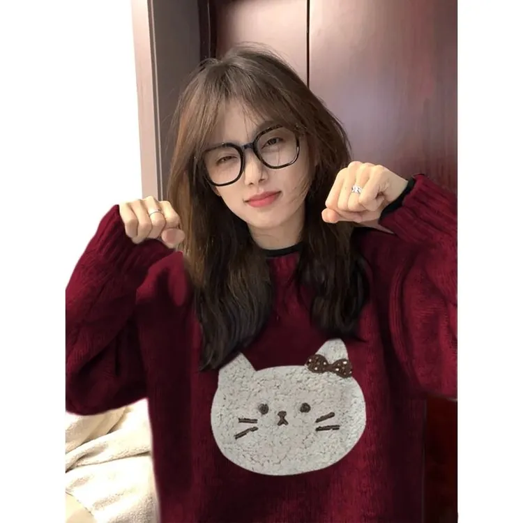 酒红色猫咪印花圆领毛衣秋冬季男女款韩系软糯套头宽松百搭针织衫
