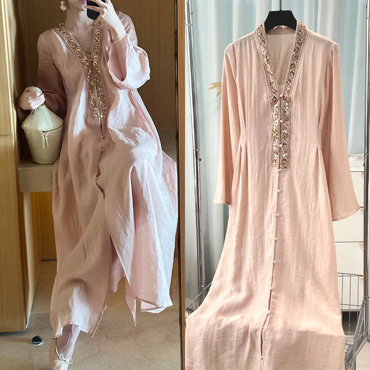 【现货】度假风苎麻长袖大摆裙新中式V领复古薄苎麻连衣裙