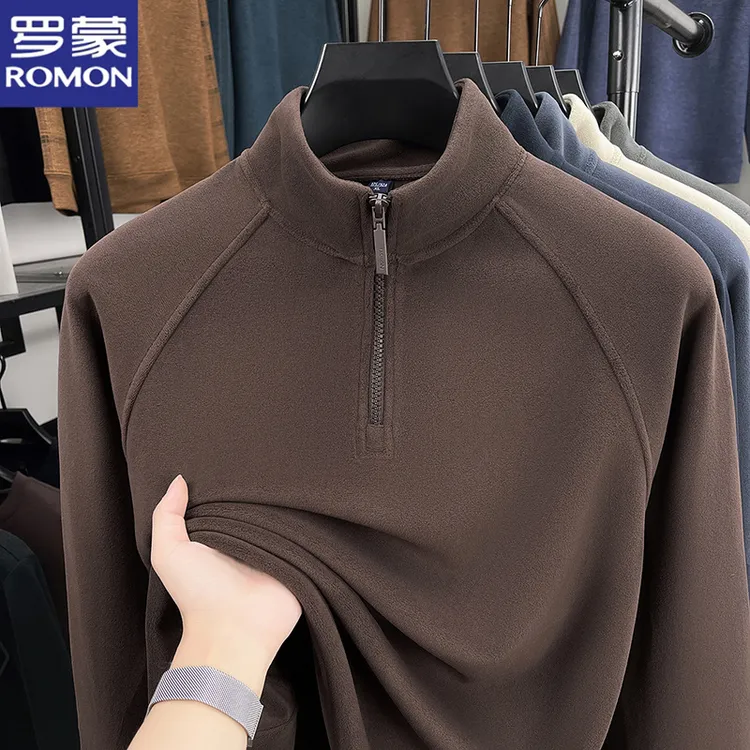 罗蒙奥粒绒加厚卫衣秋冬中年男士含羊毛长袖t恤半拉链立领打底衫