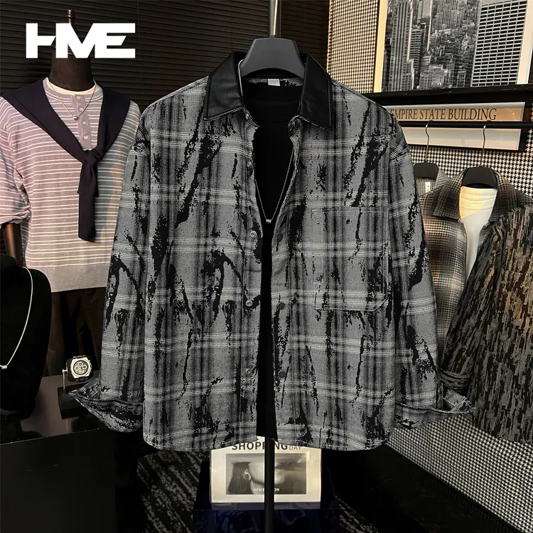 【HMEYAO】【国风扎染小香风】原创定制秋冬拼接皮质翻领格纹衬衫外套