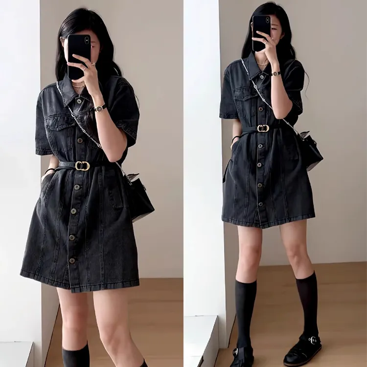 复古单排扣POLO领牛仔衬衫连衣裙女夏季新款时尚气质收腰显瘦短裙