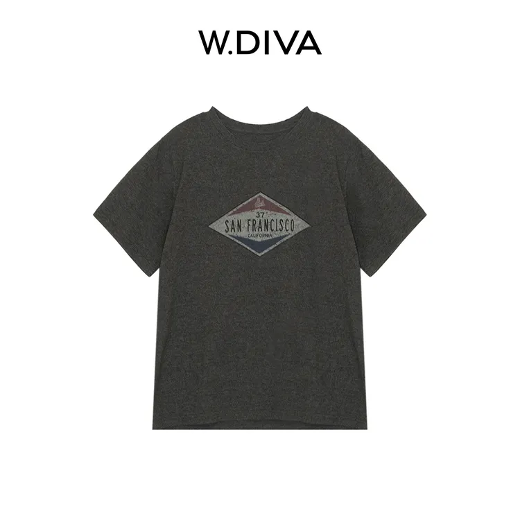 W.Diva【灰菱印花T】雪花棉T恤美式复古印花短袖松弛感女53T242864