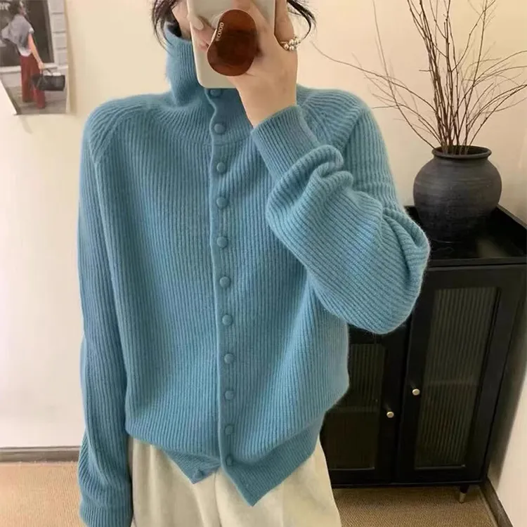 3436老钱风高领针织开衫女秋冬季新款慵懒风休闲显瘦减龄时尚百搭