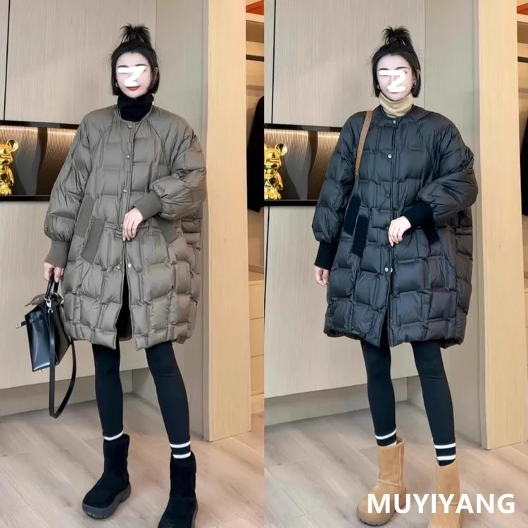 韩版圆领中长款羽绒服女2025款宽松显瘦大码白鸭绒面包服加厚外套