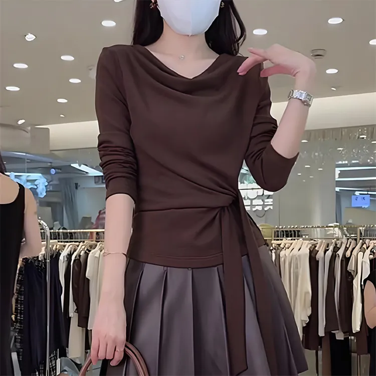法式高级感荡领长袖T恤女2025秋季新款收腰绑带设计感小众上衣潮