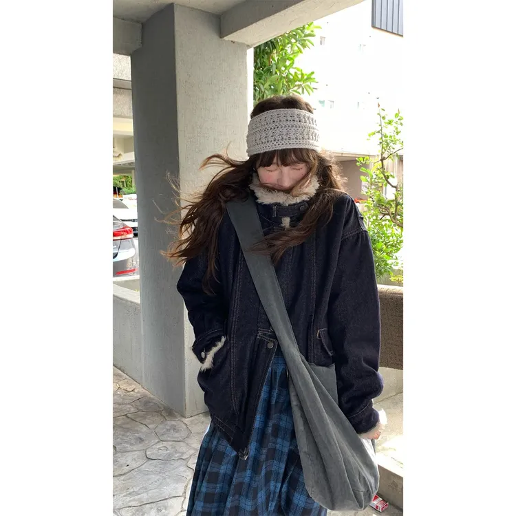 RAINY 美式经典短款毛领牛仔夹克秋冬女宽松复古原色明线短外套