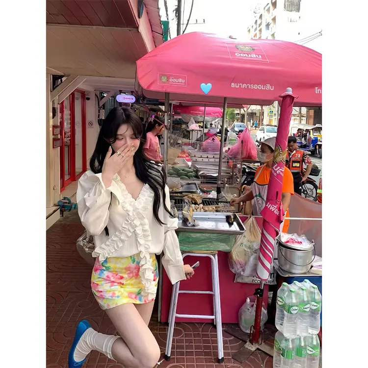 【韩系欧尼】ins小众设计感立体花边V领衬衫女配花朵包臀半身裙短裙