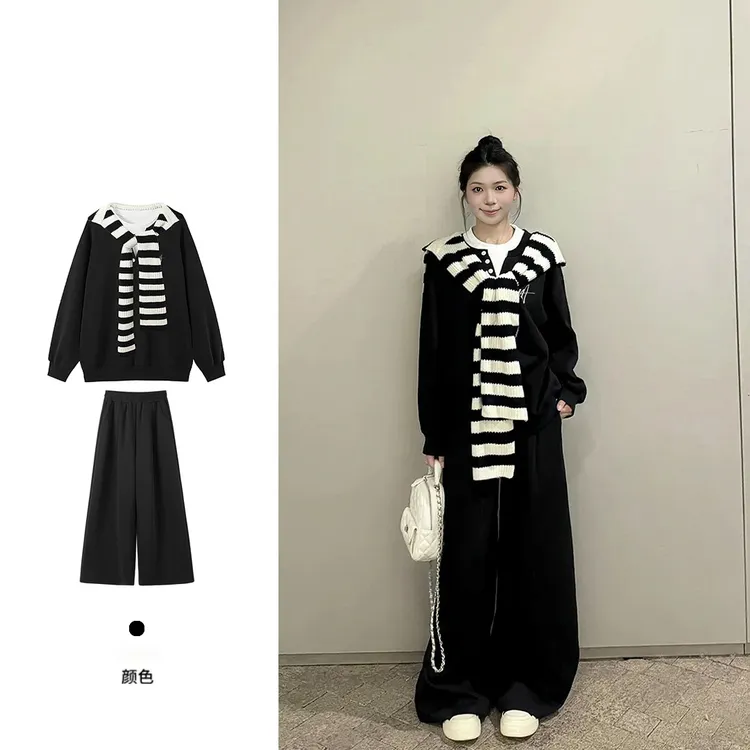 韩系潮流街头风假两件卫衣套装秋东女慵懒感百搭宽松三件套#WY10