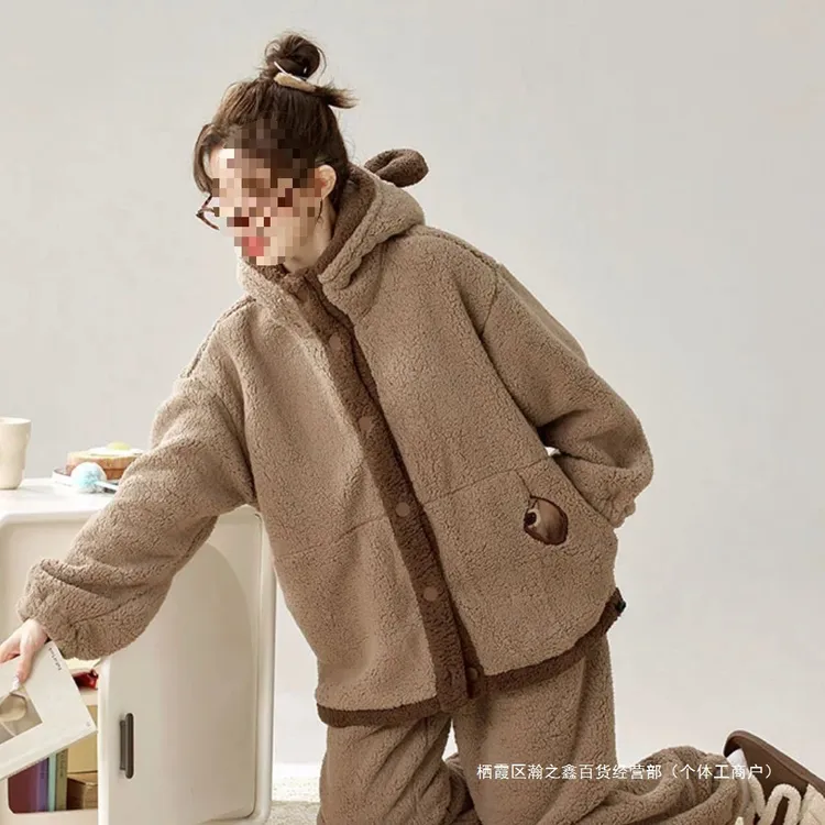 韩版睡衣加厚家居服小熊卡通睡衣女款爆款2025新款冬季外出保暖