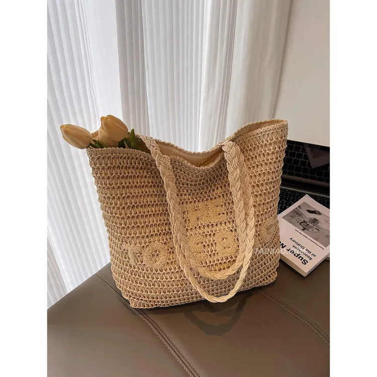 夏季大容量草编包包女2025新款时尚通勤百搭单肩包海边编织托特包