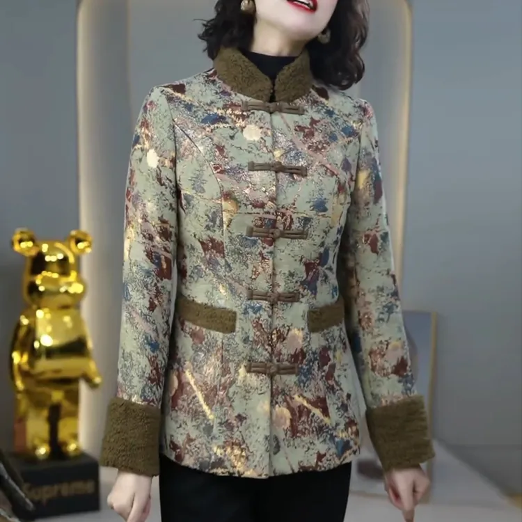 高端国风盘扣夹棉加厚外套女2025冬季新款妈妈装气质显瘦保暖棉衣