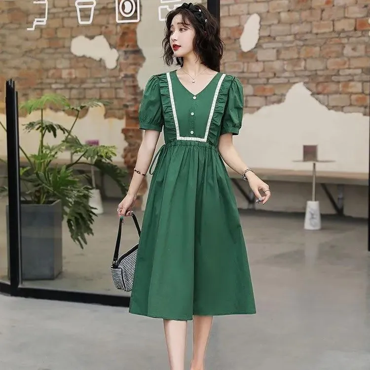 连衣裙女夏天2025年新款法式茶歇泡泡袖显瘦收腰森系初恋裙中长裙