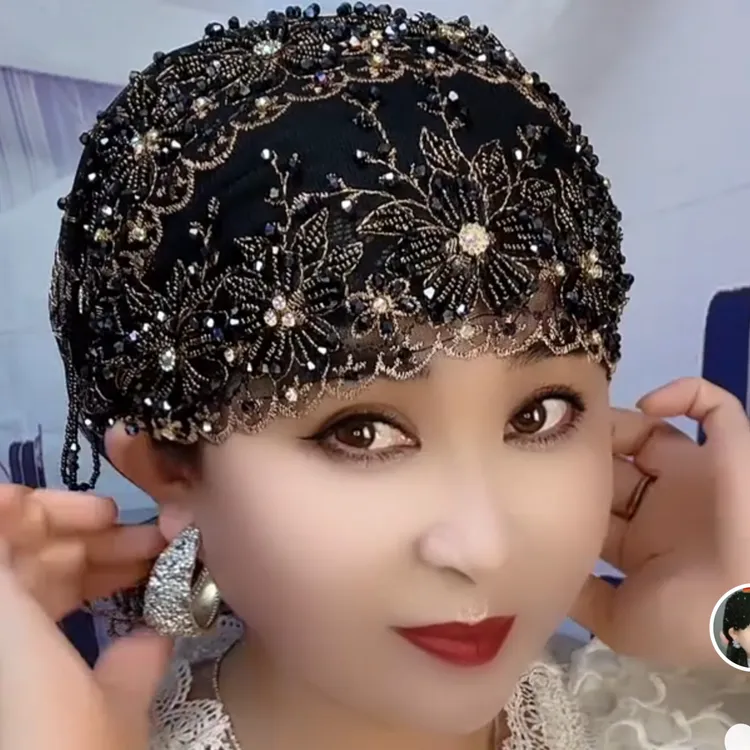 女重工流苏包头帽民族风帽子薄款镂空网红针织蕾丝时尚百搭休闲
