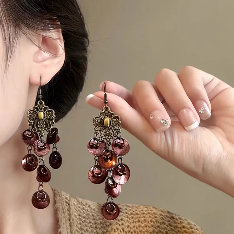 合金贝壳耳饰 复古贝壳长款流苏耳环女波西米亚民族风小众耳钉