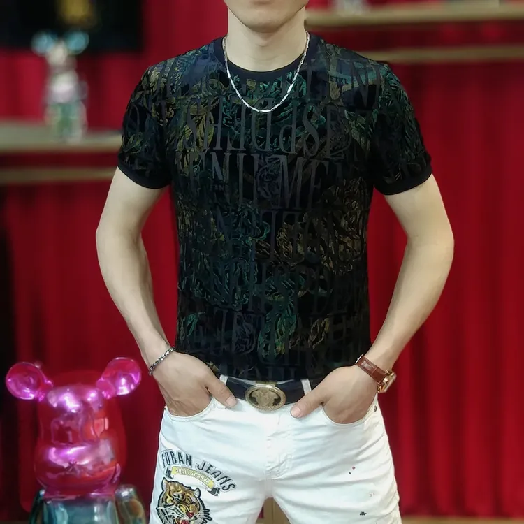 2025夏季新款潮流时尚网红提花半袖帅气修身圆领薄款男士短袖T恤