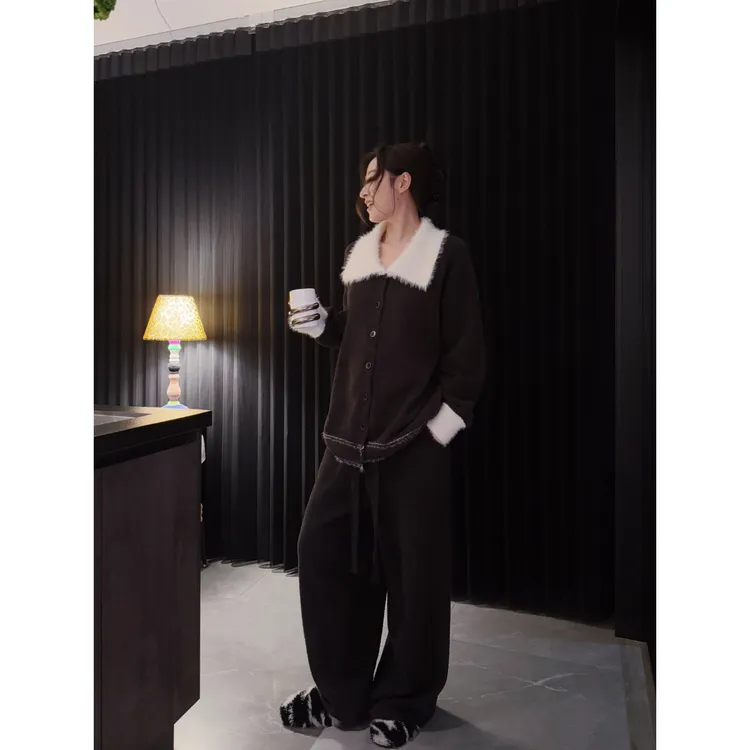 doubleoo半边绒家居服毛毛翻领纽扣开衫女宽松紫灰气质可外穿睡衣