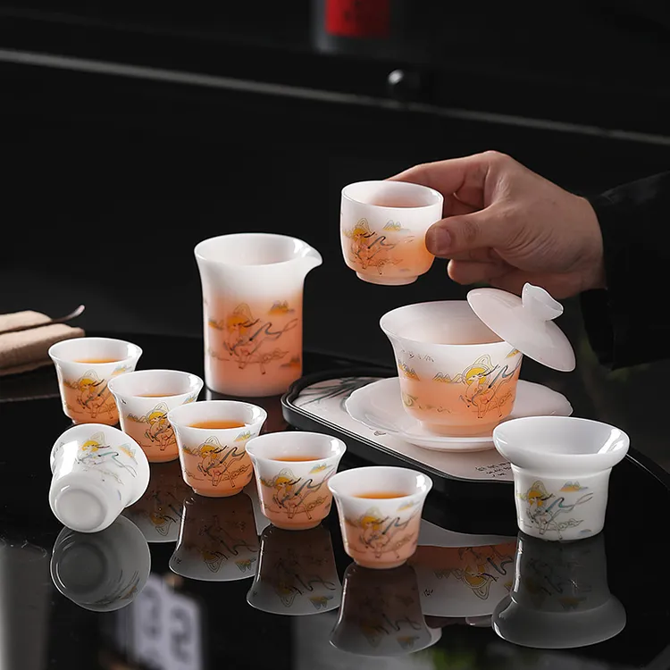 高冰玉瓷茶具套装家用泡茶杯高端茶器简约茶杯茶艺器盖碗茶具茶壶