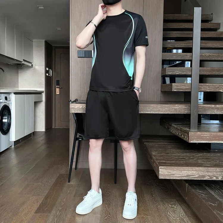 运动服套装男2025夏季新款跑步短袖冰丝速干衣户外休闲篮球健身