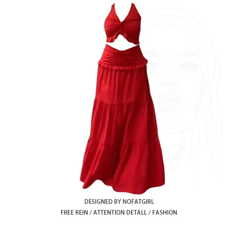 大码胖妹妹夏日度假风V领挂脖小吊带女飘逸清新半身裙纯欲两件套