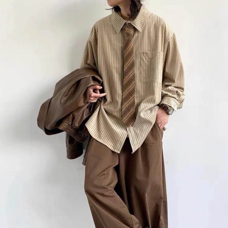 日系复古条纹长袖衬衫春秋男女学院风休闲百搭衬衣