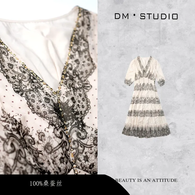 DEDM•STUDIO/气质复古蕾丝刺绣串珠100%桑蚕丝连衣裙2505LYQ/1289