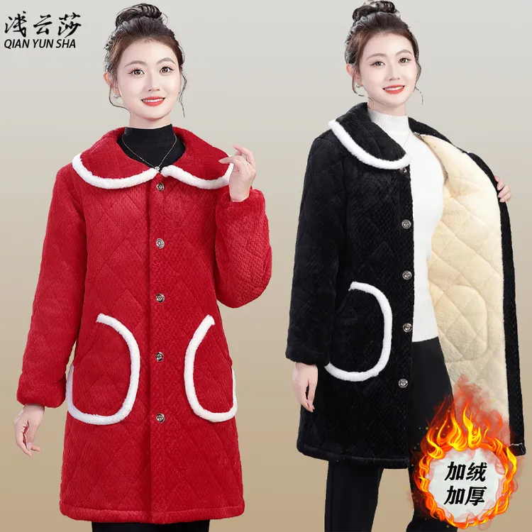 冬季新款加厚加绒中长款棉袄耐脏家居服显瘦防寒保暖连帽妈妈女装