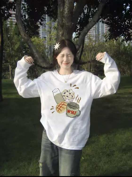 白色纯棉长袖T恤女圆领卫衣正肩宽松打底衫2025早秋新款百搭上衣