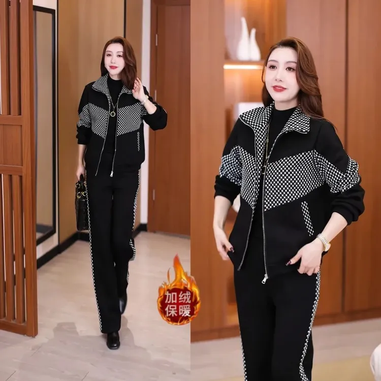 洋气中老年妈妈运动服套装女2025秋冬季新款加绒保暖休闲服两件套
