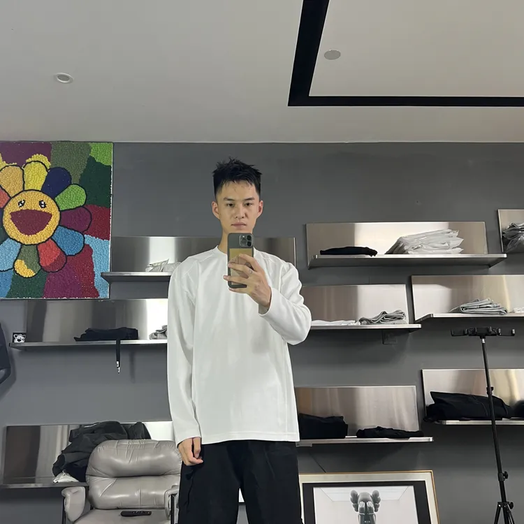 LKTM男装 美式高街刀割破洞长袖T恤男潮牌嘻哈肌理感休闲打底上衣