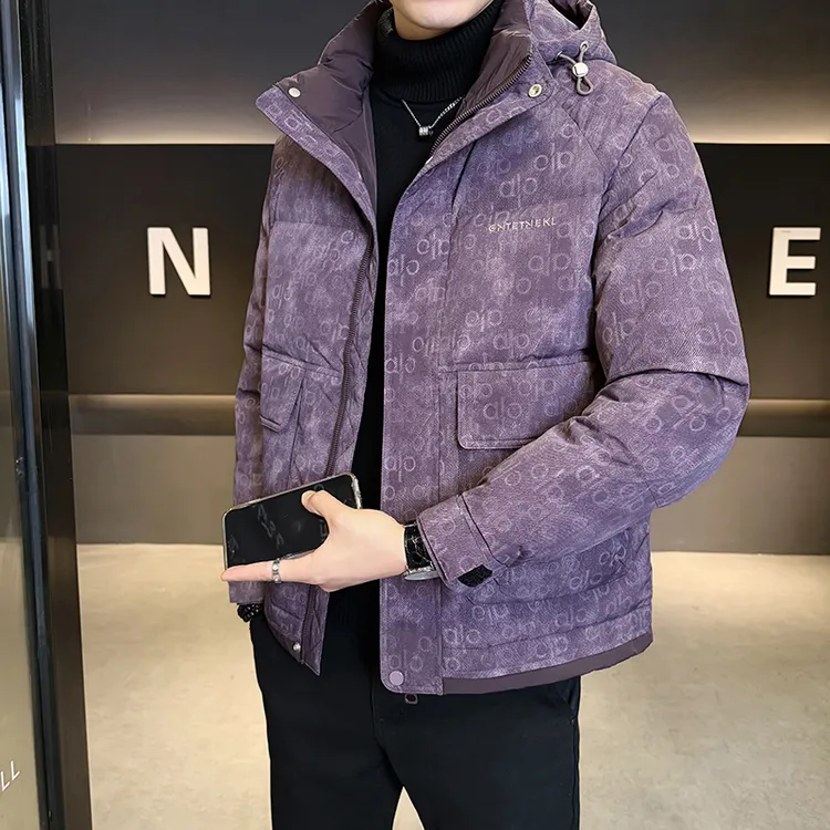 冬季痞帅紫色连帽棉衣男士2025新款潮流印花宽松棉服加厚保暖外套