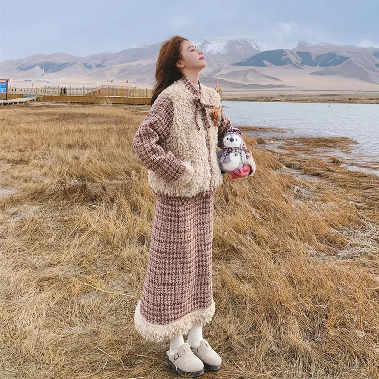 千鸟格拼接圈圈毛外套半身裙女2025冬季新款复古法式千金风套装裙