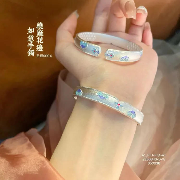 足银手镯 珐琅如意花边情侣古法镯手工实心