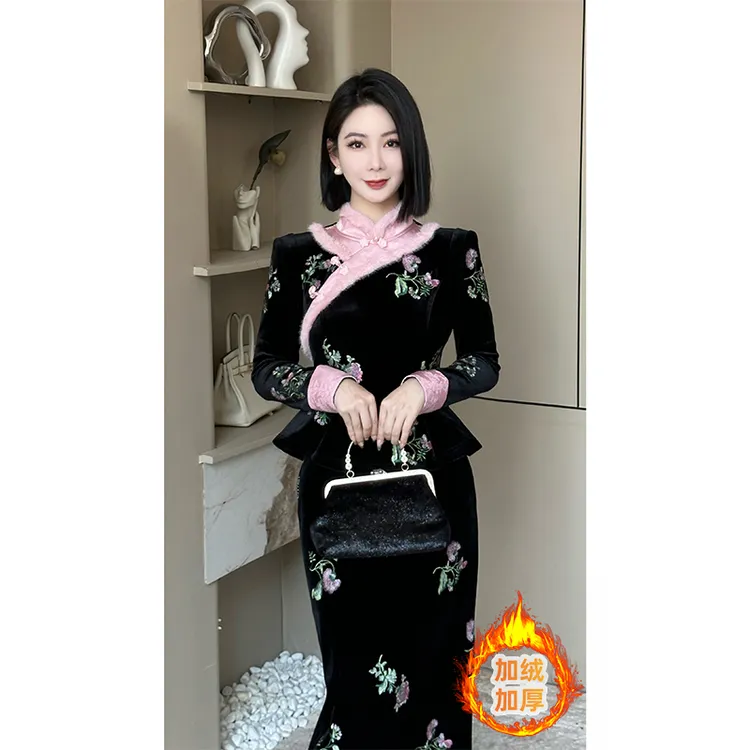 格娜冬季新款毛领厚款花卉刺绣温柔风套装气质小众设计款裙子套装