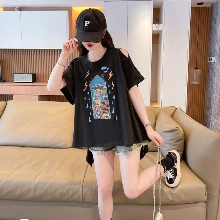 常规款设计感前场后短露肩露背小心机甜系气质T恤女夏季宽松大版