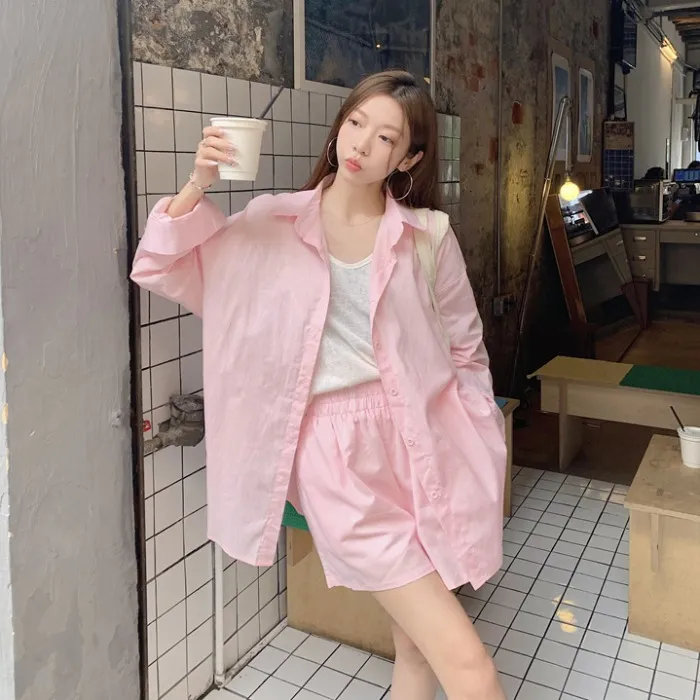 盐系穿搭套装粉色polo领长袖衬衫外套女夏季休闲裤阔腿短裤两件套