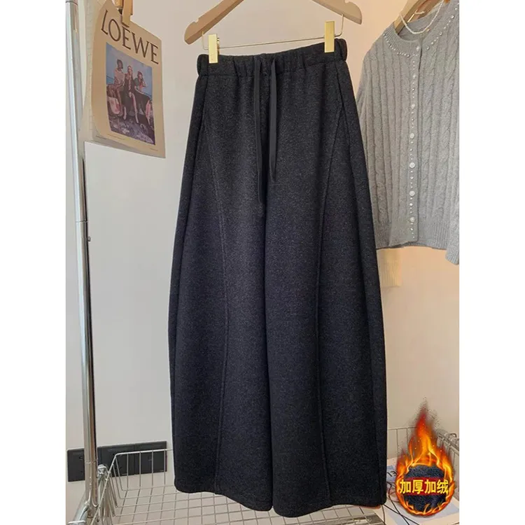 加绒加厚松紧高腰加宽阔腿直筒裤女2025年秋冬新款休闲弯刀梧桐裤