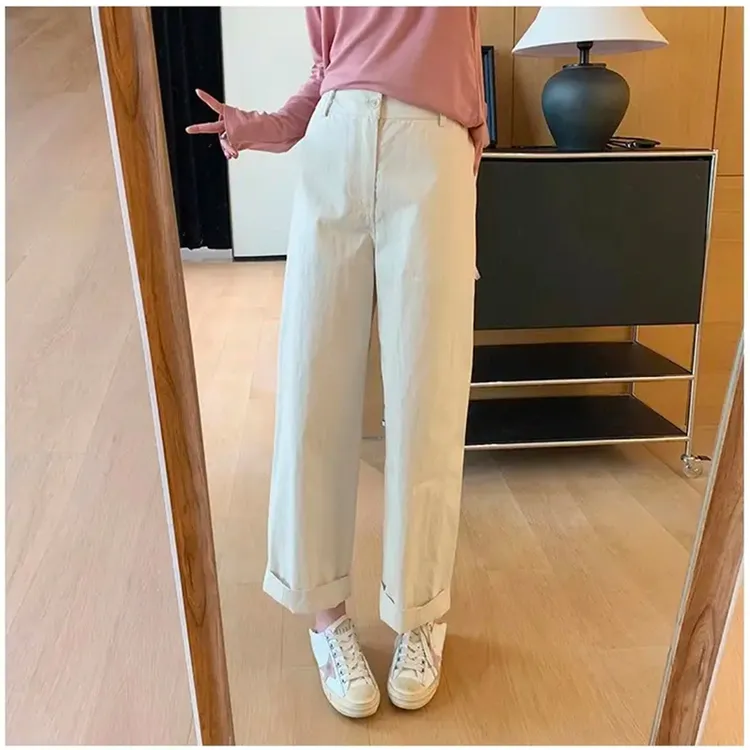 卡其色直筒休闲裤女秋季新款大码胖妹妹mm梨形身材宽松显瘦阔腿裤