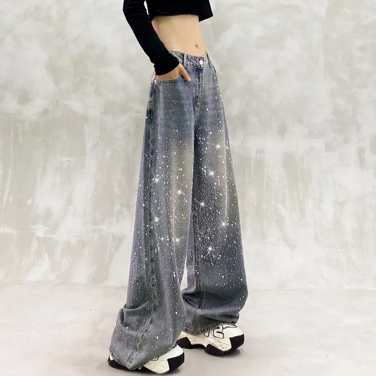 闪亮满天星烫钻休闲牛仔裤女秋新款高腰宽松显瘦百搭直筒阔腿裤潮