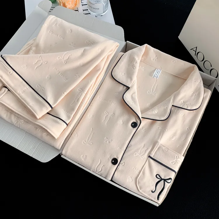 [德绒]睡衣女秋冬新款飘带蝴蝶结压花保暖家居服套装可外穿