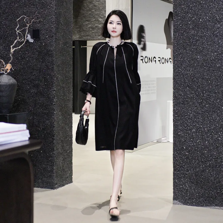 溶溶【午夜听风】RONGRONG莱赛尔亚麻喇叭袖蕾丝花边连衣裙L25X815L