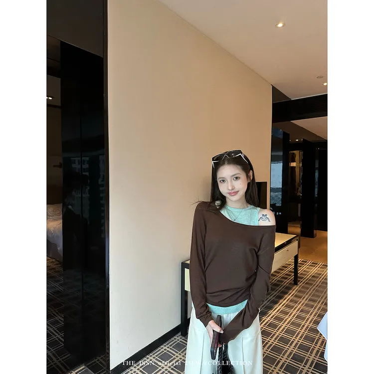 THEISSN宁司 叠穿假两件撞色长袖T恤女秋季韩系修身上衣 01397